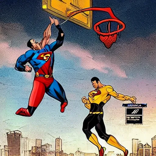 Image similar to black adam from dc comics dunking a basketball over superman on a city court at midnight. a major magical lightning storm in the sky.