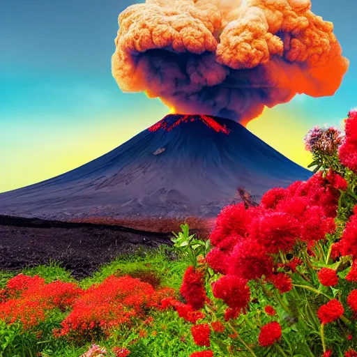 Prompt: photo of a volcano in eruption with a lot of flowers and stars, highly detailled, 4 k