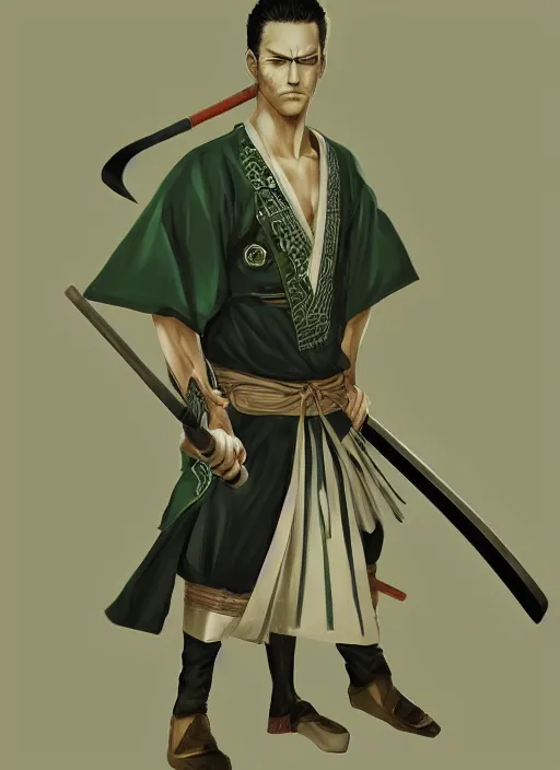 Image similar to a portrait of roronoa Zoro if he was real, wearing a traditional samurai dress, intricate, highly detailed, digital painting, artstation, concept art, smooth, sharp focus, illustration, art by Charlie Bowater and Gustave Baumann, matte painting