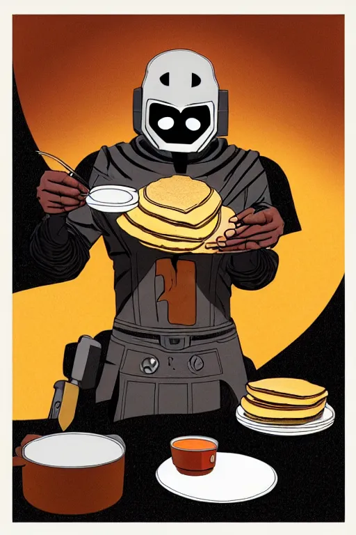 Image similar to mf doom making pancakes, animation pixar style, by pendleton ward, magali villeneuve, artgerm, rob rey and kentaro miura style, golden ratio, trending on art station