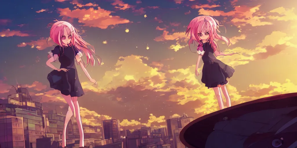 Prompt: anime art, anime key visual of a cute elegant anime girl with pink hair and big eyes, city rooftop at sunset with clouds, golden hour sunset, background blur bokeh!, beautiful lighting, high quality illustration, studio ghibli