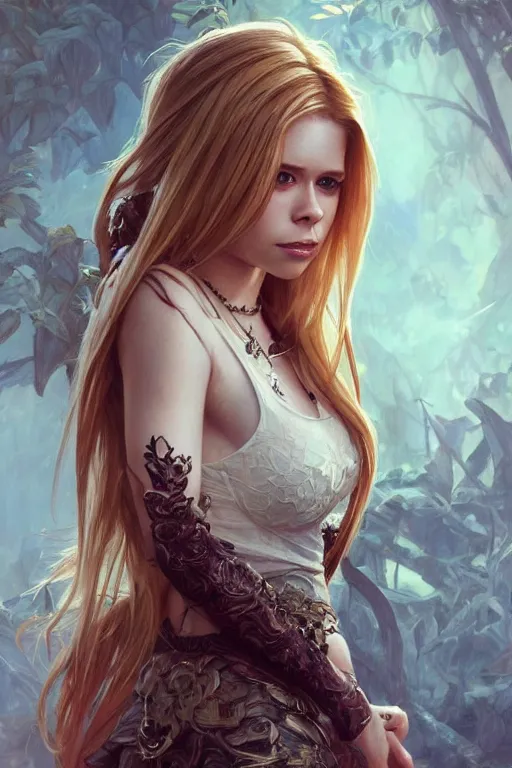 Prompt: portrait of avril lavigne, 2 5 years old, upper body, d & d, fantasy, intricate, elegant, highly detailed, digital painting, artstation, concept art, smooth, sharp focus, illustration, art by artgerm and greg rutkowski and alphonse mucha