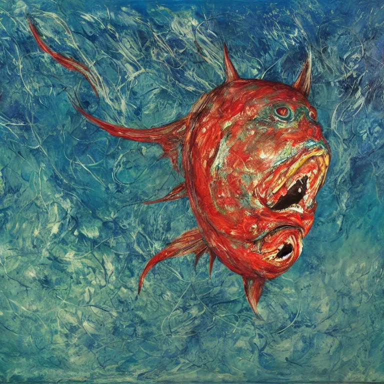 Prompt: Realistic Studio Photograph of a deep sea chimaera fish deep underwater, award-winning nature deep sea expressionistic impasto oil painting by Cy Twombly and Tim Hawkinson vivid colors hyperrealism 8k