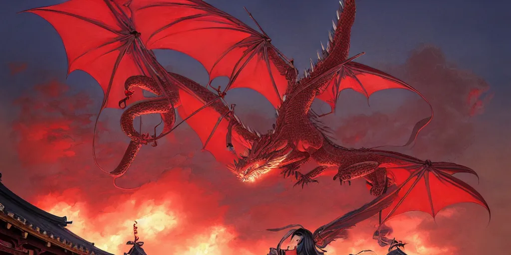 Image similar to Stunning Portrait of A Red dragon flying above a Feudal Japan temple, during a fire works festival at night by Kim Jung Gi, Blizzard Concept Art Studio Ghibli. oil paint. 4k. by brom, Pixiv cute anime girl wearing police gear by Ross Tran, Greg Rutkowski, Mark Arian, soft render, octane, highly detailed painting, artstation