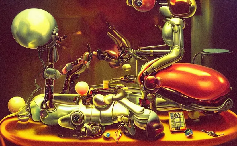 Image similar to strange seductive futuristic robot body, enticing colorful oil painting dutch golden age vanitas still life sparse composition with bulbous objects strange gooey transparent surfaces shiny metal reflections bizarre mutant meat insects rachel ruysch dali todd schorr very detailed perfect composition rule of thirds masterpiece canon 5 0 mm, cinematic lighting, photography, retro, film, kodachrome