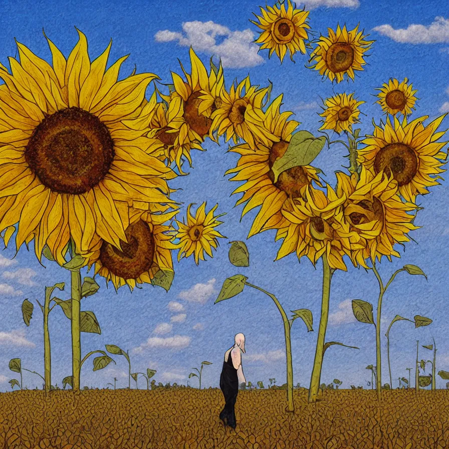 Prompt: Artwork illustrating sentient walking sunflowers walking deserted farm fields in a surrealist style.