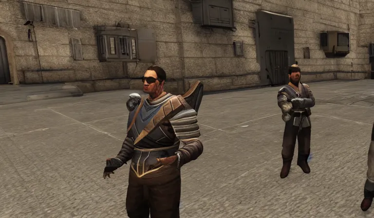 Prompt: The Seinfeld cast in a sci-fi mod for Mount and Blade Warband, 3rd person, gameplay screenshot