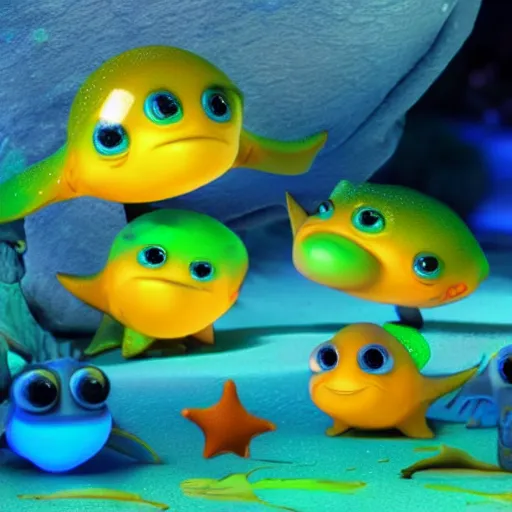 Prompt: smiling baby fish aquatic dinosaurs with glowing blue phosphorescent textures throughout their skin. rendered by pixar.