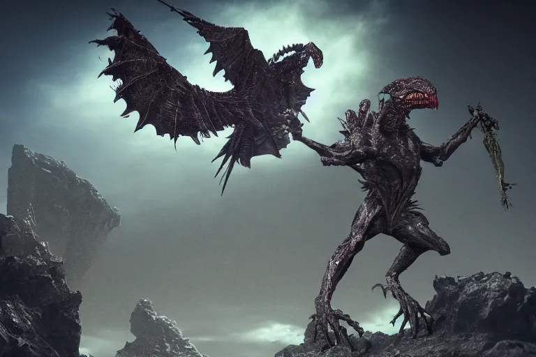 Image similar to a reptile bird chimera hybrid with claws fangs bristles feathers tails wearing surreal clothes wielding excalibur, on a dark alien world with imposing stone ruins, during a meteor storm, in the style of boris vellejo, julie bell, giger, leng jun, fantasy, dramatic studio lighting, science fiction, octane render 8 k