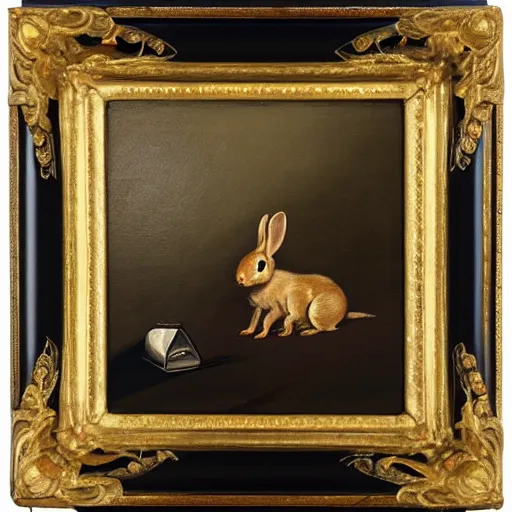 Prompt: oil painting in gilded frame, by george stubbs, tiny baby rabbit with a revolver aimed at the viewer