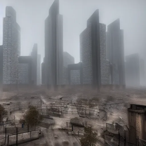 Image similar to wide - angle view of a deserted city with brutalism architecture and stone buildings with overcast and foggy weather. detailed, ultra - realistic, 4 k.