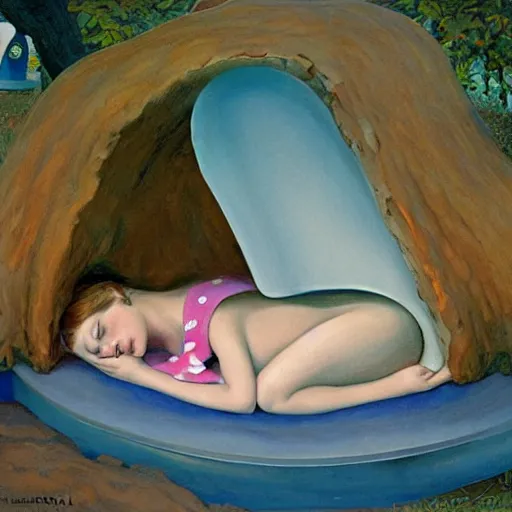 Image similar to A girl sleeping under a giant blue toadstool, artist Normal Rockwell,