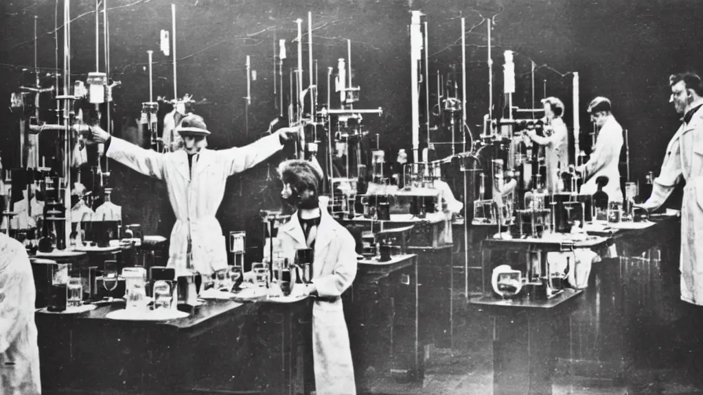 Prompt: vintage photography of a god summoning ritual inside a laboratory