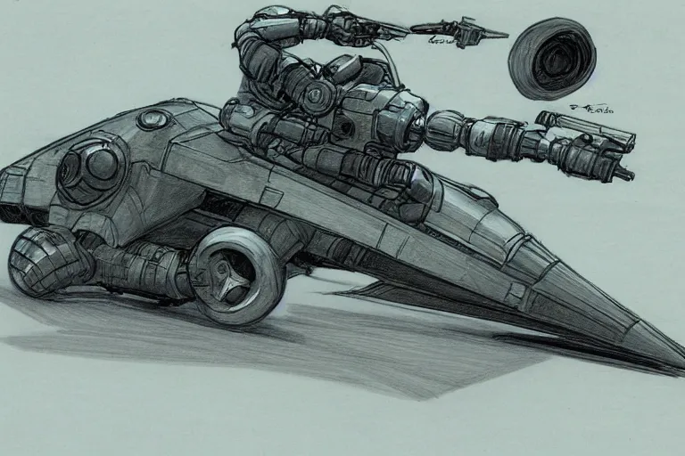 Prompt: speeder bike concept sketch by joe johnston and nilo rodis - jamero and ralph mcquarrie and norman reynolds
