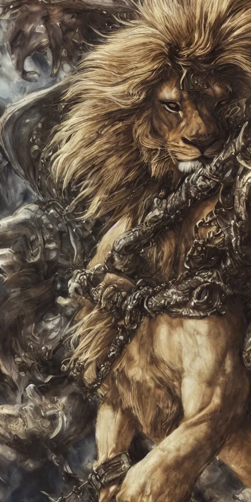 Image similar to 8k Yoshitaka Amano painting of upper body of a young cool looking lion beastman with white mane at a medieval market at windy day. Depth of field. He is wearing complex fantasy clothing. He has huge paws. Renaissance style lighting.