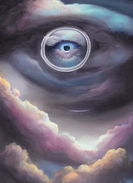 Image similar to a beautiful painting of a single all-knowing eye in a cloudy sky, fantasy art, matte painting, beautiful colors