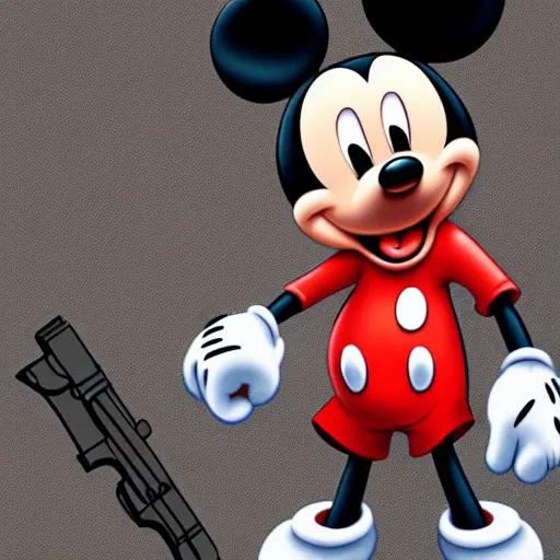 Image similar to Photorealistic mickey mouse holding a gun, Hyperdetailed, 108 megapixels, artstation concept art