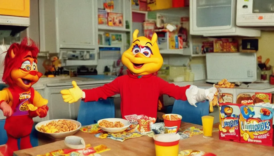 Prompt: 1 9 9 0 s candid 3 5 mm photo of a beautiful day in the family kitchen, cinematic lighting, cinematic look, golden hour, an absurd costumed mascot from the jimbles the super pony show is eating all of the kids cereal, the kids are hungry and the mascot is eating all of their food, uhd