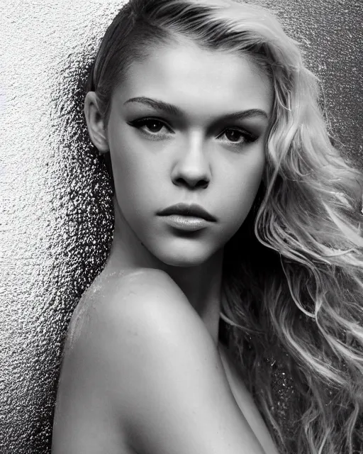 Image similar to Beautiful Head and shoulders portrait of confident flirty Nicola Peltz with straight long blonde hair and wet skin, wearing a bikini by alberto Vargas, arney freytag, artstation, 35mm, fashion photoshoot, posing on a red couch, , golden hour, bokeh, rim lighting, fashion pose, octane, 4k