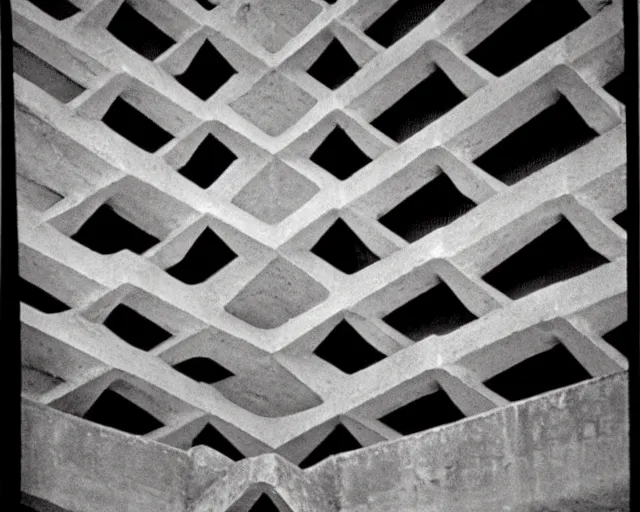Image similar to by francis bacon, escher, mystical photography evocative. an fractal concrete brutalist carved sculpture, standing in a city center.