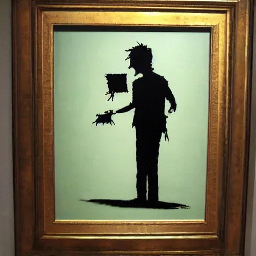 Image similar to banksy art addict painting on canvas