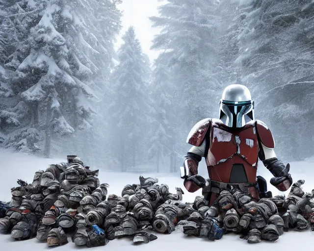 Prompt: in a snowy forest, a huge pile of helmets, a mandalorian jango fett, is looking at a huge pile of mandalorian helmets piled up, concept art highly detailed, huge pile of helmets, great cinematic lighting, octane render, 8 k, depth of field, 3 d, art by greg rutkowski, trending on artstation, cinematographic shot