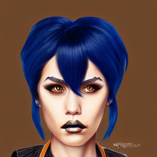 Image similar to illustrated realistic portrait of ram-horned devil woman with blue bob hairstyle and her tan colored skin and with solid black eyes wearing leather by rossdraws