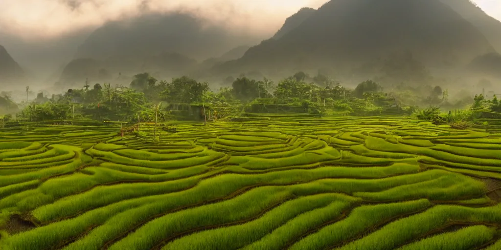 Prompt: Photo of terrace paddy field of Chinag Mai with several village and rolling mountain at the background, wide angle, volumetric light, fog, mist, morning, hyperdetailed, light water, artstation, cgsociety, 8k