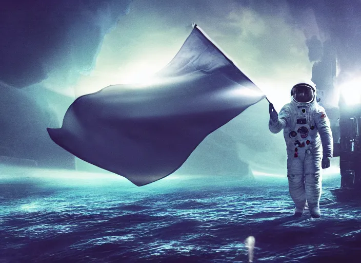 Image similar to astronaut holding a flag in an underwater desert. a submarine is visible in the distance. dark, concept art, cinematic, dramatic, atmospheric, 8 k, trending on artstation, blue, fish, low visibility, light rays, extremely coherent, bubbles, fog, ocean floor, christopher nolan, interstellar