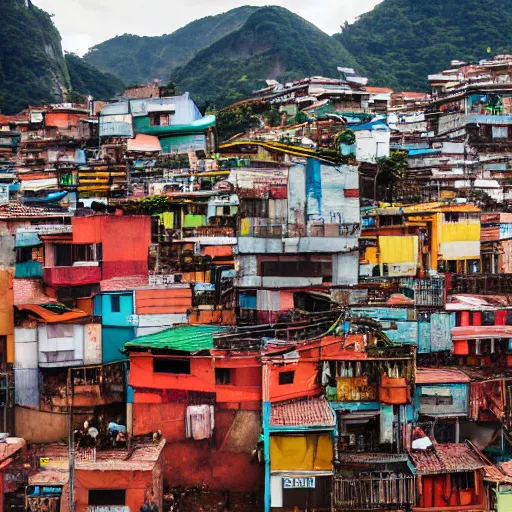 Image similar to photo of rio de janeiro favela being invaded by armed aliens,barraco, samba, churrasco, photorealistic, warm colors, tranquil, peace, happy rocinha