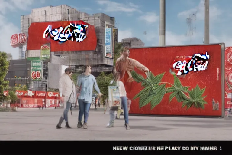 Image similar to magazine advertising of a new Coca-Cola Marijuana flavored, very happy people on the poster, ue4, hyperrealistic, billboard ad, creative advertising