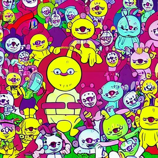 Image similar to survivor on an island full of evil teletubbies, takashi murakami artwork, sinister teletubbies, lsd