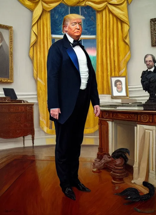 Image similar to portrait of the united states president, 1 8 6 7, donald trump. standing in the oval office. oil on canvas by william sidney mount, trending on artstation