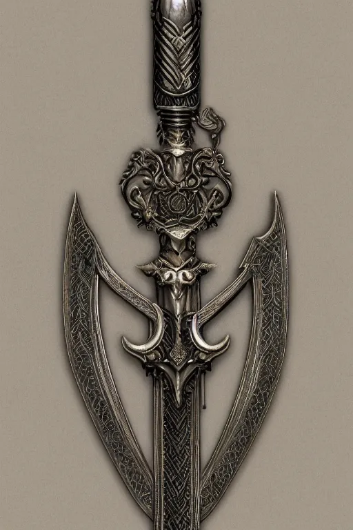 Image similar to sword of justice hanging on a wall, ornate gem in pommel, engraved blade, serrated point, herringbone floor, low angle, museum display, greg rutkowski