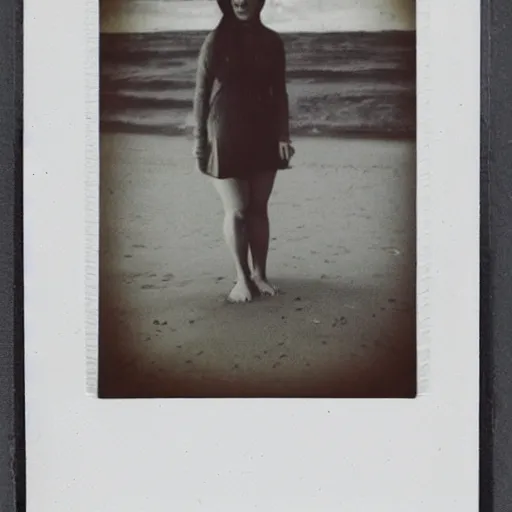 Prompt: a very beautiful old polaroid picture of a young women at the beach, award winning photography