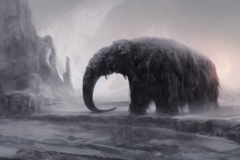 Image similar to a grand intricate futuristic black steam train next to a giant mammoth, post - apocalyptic ice landscape in snowstorm, concept art, artstation, highly detailed, digital art