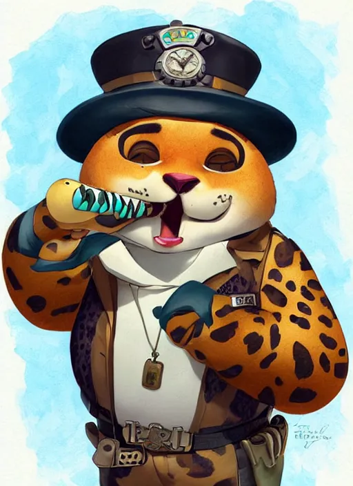 Image similar to a cute fat friendly leopard in steampunk police suit, eating a donut, clawhauser from zootopia, character, closeup headshot, sketch portrait by jean - baptiste monge