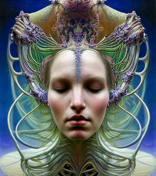 Image similar to detailed realistic beautiful young groovypunk queen of andromeda galaxy in full regal attire. face portrait. art nouveau, symbolist, visionary, baroque, giant fractal details. horizontal symmetry by zdzisław beksinski, iris van herpen, raymond swanland and alphonse mucha. highly detailed, hyper - real, beautiful