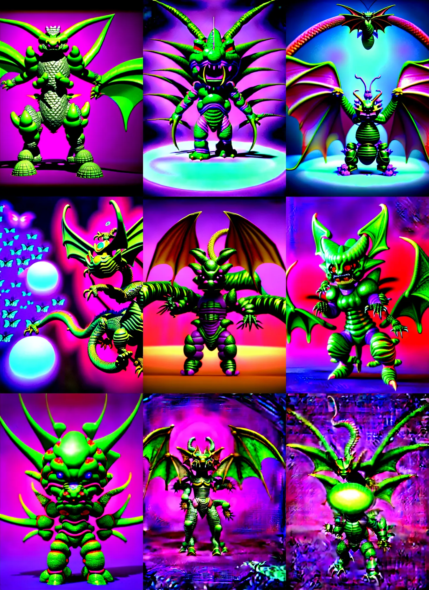 Prompt: retro 3 d rendered raytraced chibi dragon warrior cyberdemon on a background is a a psychedelic swirly orbs with 3 d rendered butterflies and 3 d rendered flowers n the style of early cg graphics, micha klein, 3 do magazine, 3 d artstation, medium wide front shot