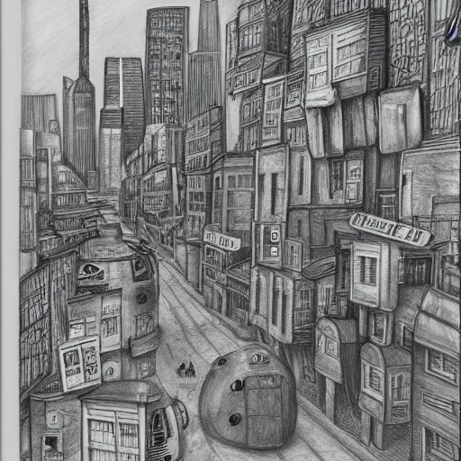 Image similar to illustration of a city in the style of Shaun Tan, award winning illustration, pencil on paper, photorealistic