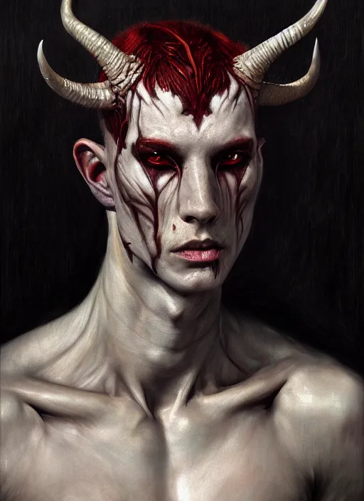 Image similar to half demon half human man intricate skin pattern texture, elegant, peaceful, playful full body, white horns, hyper realistic, extremely detailed, dnd character art portrait, dark fantasy art, intricate fantasy painting, dramatic lighting, vivid colors, deviant art, artstation, by edgar maxence and caravaggio and michael whelan and delacroix.