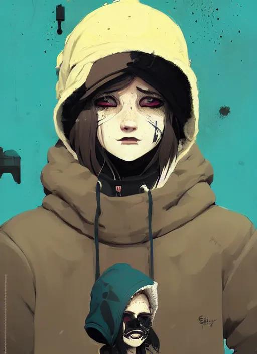 Image similar to highly detailed portrait of a sewerpunk student, blue eyes, hoody, beanie hat, white hair by atey ghailan, by greg rutkowski, by greg tocchini, by james gilleard, by joe fenton, by kaethe butcher, gradient yellow, black, brown and cyan color scheme, grunge aesthetic!!! ( ( graffiti tag wall background ) )