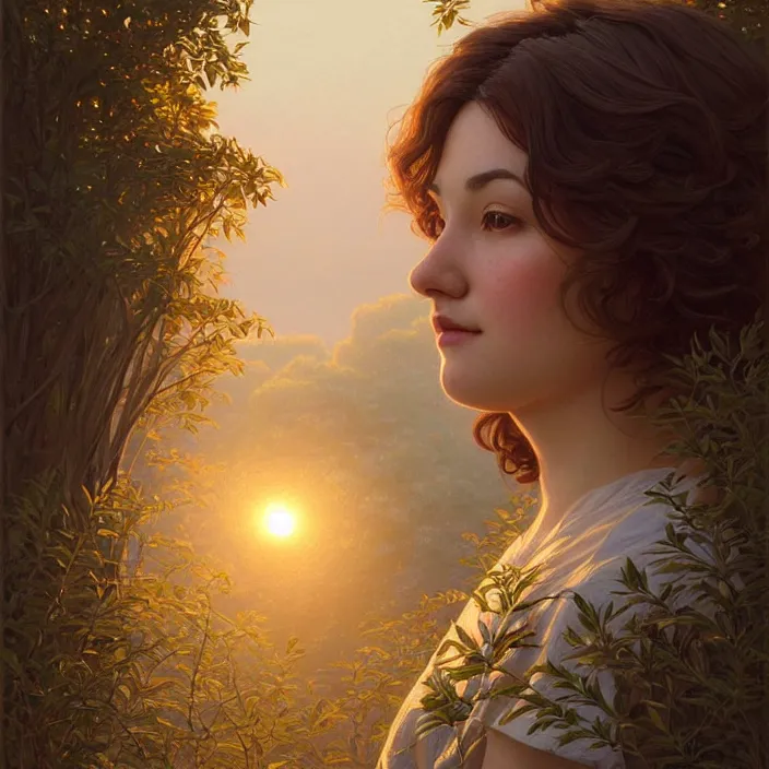 Prompt: a woman with short wavy hair, round face, cottagecore!!, river, trees, golden hour, intricate, elegant, highly detailed, digital painting, artstation, concept art, smooth, sharp focus, illustration, art by artgerm and greg rutkowski and alphonse mucha