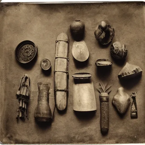 Image similar to Tintype photograph of primitive objects displayed in an ethnographic museum, archive material, anthropology, 1920s studio lighting.