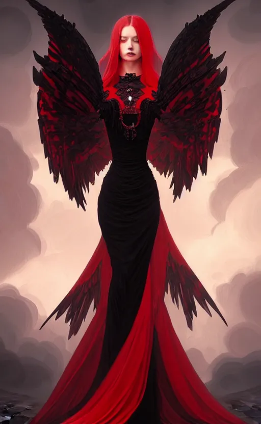 Image similar to Female dark angel in gothic red and black dress, their black wings are extended, highly detailed, digital painting, artstation, concept art, smooth, sharp focus, illustration, art by artgerm and greg rutkowski and alphonse mucha