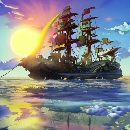 Image similar to a fantasy ship of pirates with a sun as the bow, anime style