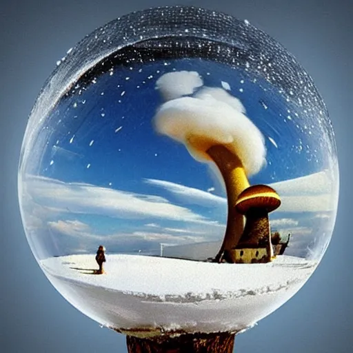 Prompt: a nuclear mushroom cloud inside a gigantic snow globe, surrealism