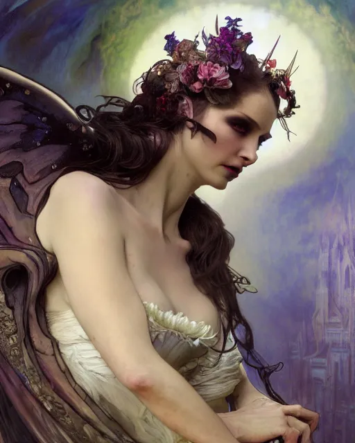 Image similar to wlop and daniel gerhartz and alfons mucha detailed portrait digital rococo painting of a beautiful serious villainess wearing fantasy clothing like liliana vess, villainess has black angel wings, evil mood, hellish battlefield in the background, embers flying, unreal engine, hyper realism, realistic shading, cinematic composition, blender render, octane render, ultrawide shot