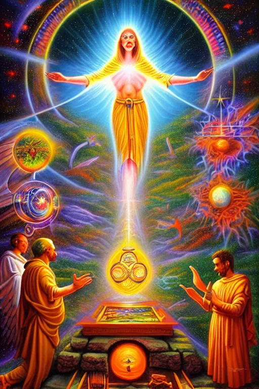 Prompt: a photorealistic detailed image of ancient spiritual science, divinity, utopian, futuristic, by jason felix, david a. hardy, kinkade, lisa frank, wpa, public works mural, socialist