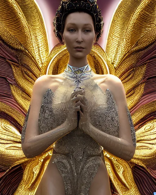 Prompt: a highly detailed metahuman 4 k close up render of an alien goddess bella hadid monument seraphim in iris van herpen dress schiaparelli in diamonds crystals swarovski and jewelry iridescent in style of alphonse mucha gustav klimt trending on artstation made in unreal engine 4